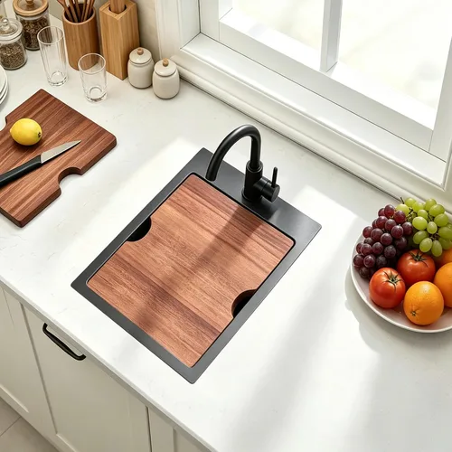 Miniatura 2 de Fregadero de Barra Negro de Montaje Inferior, Fregadero de Cocina de Acero Inoxidable de 15x20 Pulgadas, Estación de Trabajo de Montaje Superior
