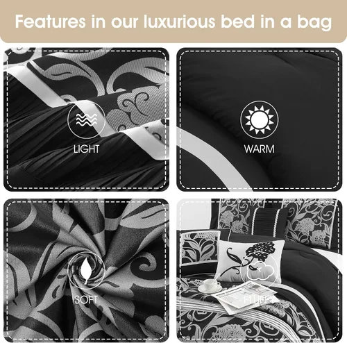 Miniatura 7 de Grand Avenue Juego de edredón negro plateado tamaño Queen, juego de ropa de cama jacquard floral de 7 piezas, para todas las estaciones, ultrasuave