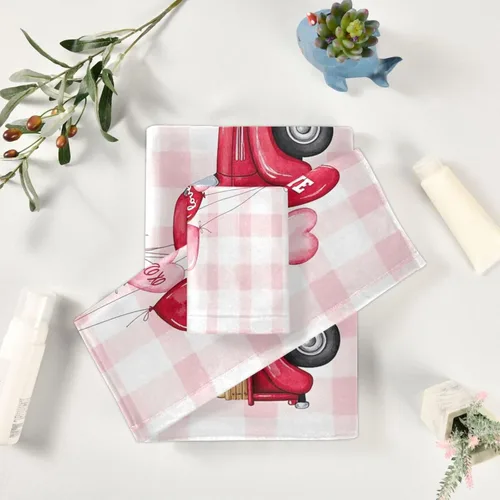 Miniatura 6 de Juego de 3 toallas románticas a cuadros con diseño de corazón rosa con resorte de globo, toallas de baño suaves y absorbentes, toallas de mano
