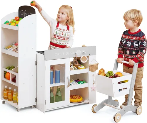 Miniatura 15 de Costzon Juego de simulación para tienda de comestibles, tienda de juegos de madera, juego de supermercado para niños pequeños con caja registradora