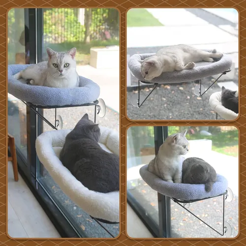 Miniatura 6 de Zakkart Percha para ventana para gatos, 100% metal apoyado desde abajo, viene con una cálida cama espaciosa para mascotas, hamaca de ventana