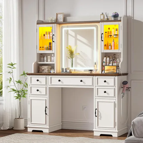 EnHomee Escritorio de tocador con espejo y luces, escritorio de maquillaje blanco de 43 pulgadas con 5 cajones y 2 gabinetes de vidrio RGB, 3 luces