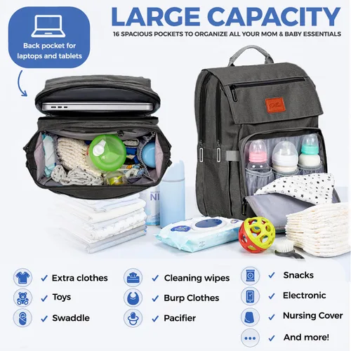 Miniatura 3 de PILLANI - Mochila grande para llevar pañales de bebé, para viajar, cambiador incluido, producto esencial para recién nacidos, artículos para mamá