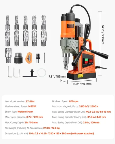 Miniatura 7 de VEVOR Taladradora Magnética de Prensa, 1300W Diámetro de Taladro de 3.99 cm, Taladradora Magnética Portátil de 2922 lbf de Potencia, 810 RPM, 11