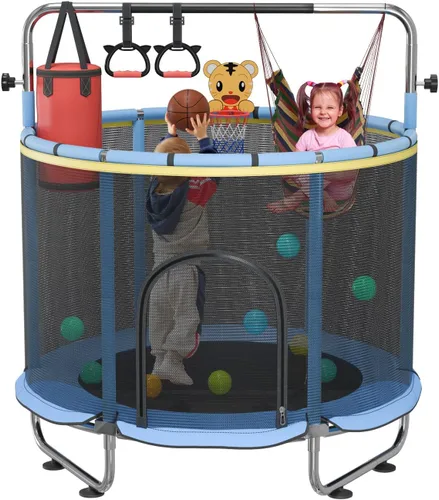 60" Trampoline for Kids with Enclosure Net,500lbs Capacity Toddler Trampolines Indoor & Outdoor,Kids Trampoline with 5ft Adjustable Gymnastic