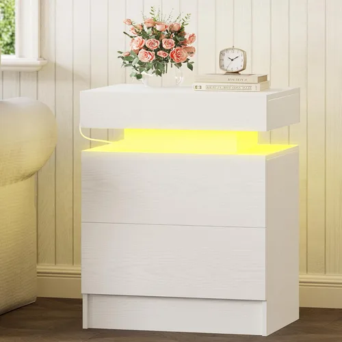 Miniatura 3 de LIKIMIO Mesita de noche con estación de carga, mesita de noche moderna en negro con luz LED y cajones, mesas de cabecera/mesa auxiliar