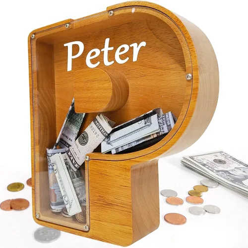 Miniatura 20 de Alcancía para niños y niñas, alcancía grande de madera personalizada con diseño recortado, bancos de monedas con letras del alfabeto, caja de ahorro