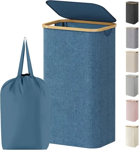 Miniatura 18 de Lifewit Cesta de ropa de 120L con tapa, cestas de ropa para lavandería con asas de bambú y una bolsa de lavandería extraíble, cesta plegable grande