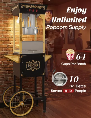 Miniatura 3 de Máquina de palomitas de maíz con carrito, auténtica máquina de palomitas de maíz estilo cine de 10 onzas con plataforma de calentamiento, máquina