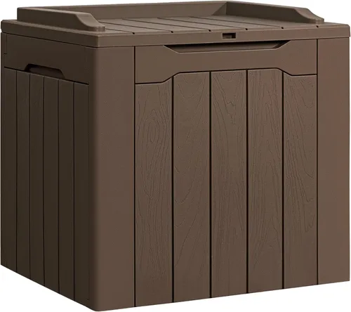 Miniatura 11 de Flamaker Caja de almacenamiento para exteriores de 80 galones, caja de resina impermeable para cubierta con textura de madera, caja de entrega