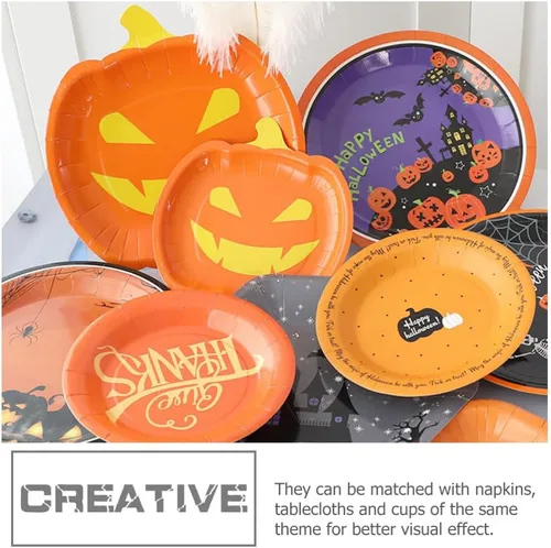 Miniatura 7 de Healifty 20 platos de calabaza de Halloween desechables para fiestas de otoño, lindos platos de diseño divertido para celebraciones de Halloween
