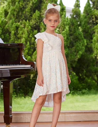 Miniatura 4 de GRACE KARIN Vestido de lentejuelas de un hombro para niñas, vestido de fiesta alto y bajo para 5-14 años