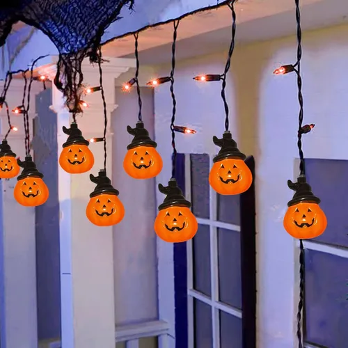 Cortina de luces de calabaza para Halloween, 7 pies, cadena decorativa de Halloween con 10 luces de calabaza y 15 mini bombillas naranjas,