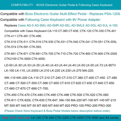 Miniatura 3 de MaxLLTo Adaptador de CA de 9 V para teclado Casio CTK-450, CTK-451, CTK-470, CTK-471, CTK-480, CTK-481, CTK-485, CTK-491, CTK-495, CTK-496 cargador