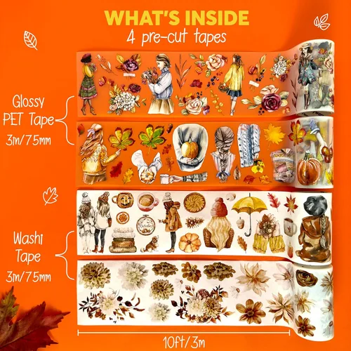 Miniatura 4 de Fayware - Cintas washi precortadas de otoño y cintas PET para hacer diarios, álbumes de recortes y manualidades. Ahora precortadas - Úsalas como