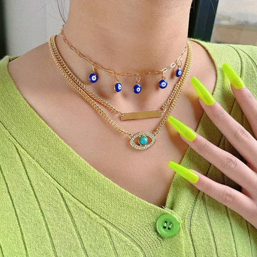 Miniatura 2 de Long tiantian Collares de mal de ojo para mujer, collar con dije de mal de ojo en capas de oro para niñas, bohemio, playa, media luna, malvado