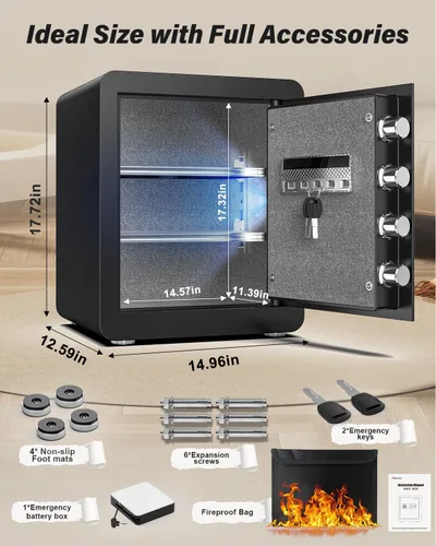 Miniatura 2 de Kavey Caja de seguridad biométrica de 2.0 cub, caja fuerte de huellas dactilares con teclado retroiluminado de pantalla táctil y sistema de alarma