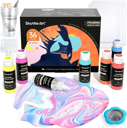 Shuttle Art Pintura acrílica para verter, juego de 36 botellas (2 oz/2.0 fl oz), suministros de vertido de alto flujo premezclados con lienzo, 36