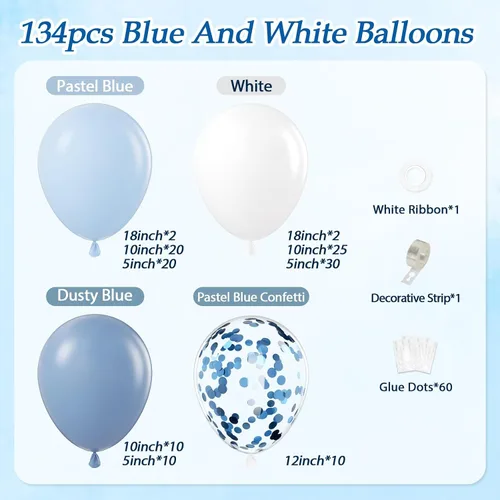 Miniatura 2 de Kit de arco de globos azules y blancos de 134 piezas, globos azules y blancos con confeti azul polvoriento para aniversario, revelación de género