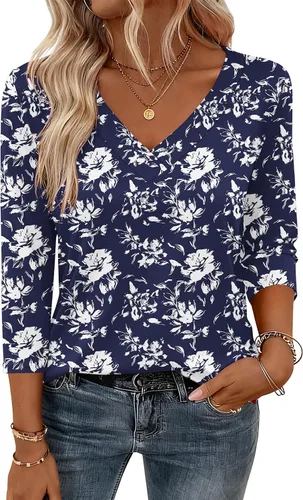 Miniatura 16 de Zeagoo Camisetas de manga 3/4 para mujer, cuello en V, blusa casual elegante, camisetas básicas 2026, ropa de moda S-2XL