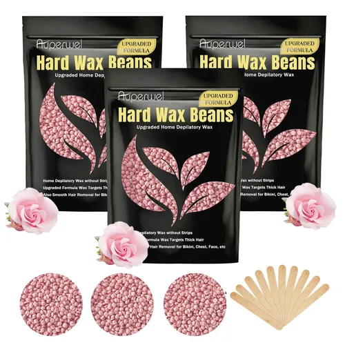 Granos de cera dura sin dolor para depilación, fórmula mejorada de 10.5 onzas para cara, cejas, bikini brasileño con 10 aplicadores (3 rosas)