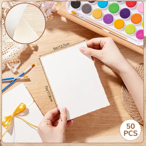 Miniatura 2 de 50 hojas de papel de borde deckled de 5 x 7 pulgadas, papel de acuarela rugoso/texturizado de 160 GSM, hecho a mano, para invitaciones de boda