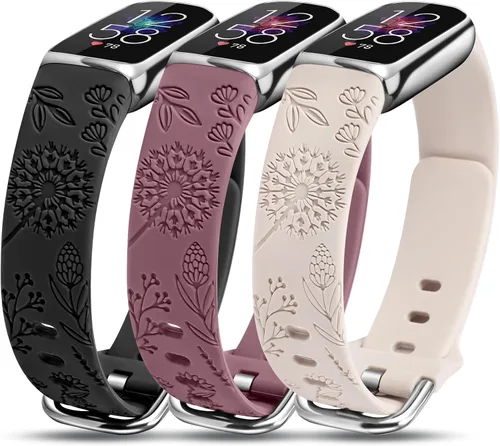 Miniatura 13 de Minyee Paquete de 3 correas compatibles con Fitbit Luxe para mujer, de silicona suave, con grabado floral, correa deportiva de diente de león
