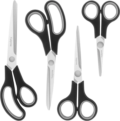 Tijeras con cuchillas de acero inoxidable y asas de agarre suave para uso en el hogar, escuela y oficina. Negro y gris, juego de 4