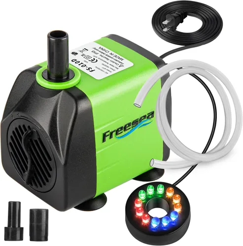 FREESEA Bomba de agua sumergible de fuente: Bomba de acuario ajustable de 10 vatios y 160 GPH con luz LED Tubo de 3.3 pies para estanque al aire