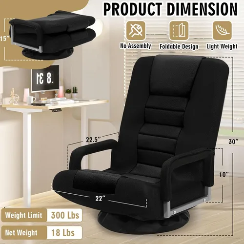 Miniatura 3 de Silla de juegos giratoria de piso con reposabrazos, sofá reclinable plegable de video con 6 posiciones ajustables, respaldo acolchado y cojín, sofá