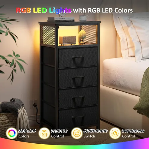 Miniatura 5 de EnHomee Juego de 2 mesitas de noche negras con estación de carga y LED, mesita de noche con cajones de tela y estante de almacenamiento, marco