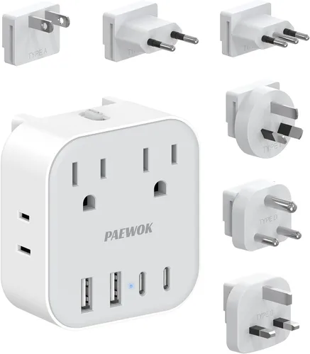 Juego de adaptadores de enchufe de viaje europeo, adaptador de viaje 8 en 1 con 4 CA, 4 puertos USB (2 USB C), adaptador de viaje universal de EE.