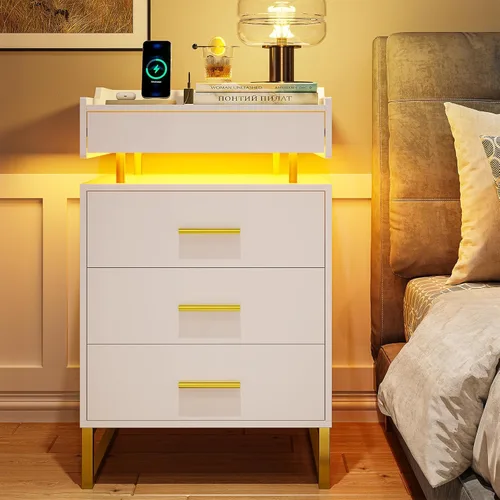 Miniatura 3 de BTHFST Mesita de noche LED con estación de carga, mesita grande con 3 cajones y 1 bandeja extraíble, mesa de noche moderna con luces LED, mesa
