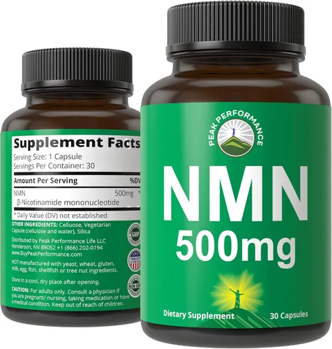 Suplemento NMN Mononucleótido de nicotinamida estabilizado de ultra alta resistencia 500 mg por cápsula. 2 cápsulas = 1,000 mg de NMN. Aumenta los