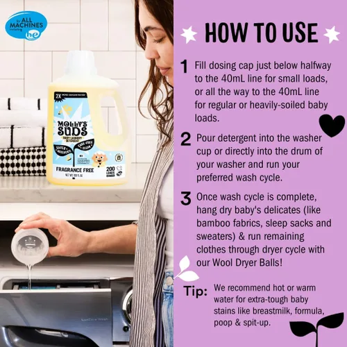Miniatura 5 de Detergente Molly's Suds para ropa de bebé líquido Elimina fórmula, caca y manchas de escupir Extra suave para bebés, niños pequeños