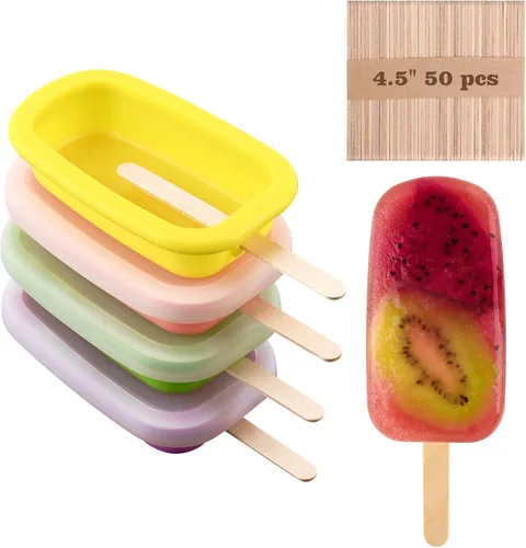 Sakolla 4 moldes de silicona para paletas con tapa y 50 palitos de madera para paletas de madera, moldes ovalados clásicos apilables para helados