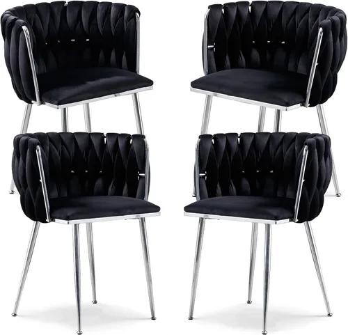 Miniatura 19 de Juego de 2 sillas de comedor de terciopelo, sillas laterales tapizadas tejidas con patas de metal negro, sillas decorativas modernas, sillas