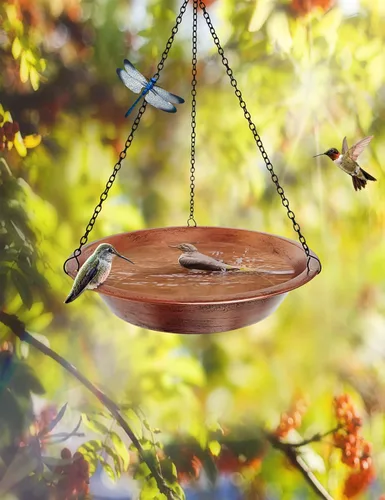 Miniatura 5 de Baño colgante para pájaros para exteriores, comedero de pájaros de metal de cobre antiguo con cadenas negras inoxidables de 17 pulgadas