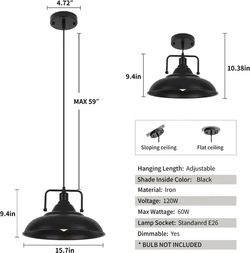 Miniatura 6 de Lámpara colgante negra, lámpara colgante grande de 15.7 pulgadas, paquete de 3 unidades, luces colgantes modernas de granja, luces colgantes de Negro