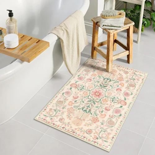Miniatura 6 de Uphome Alfombra de baño bohemia con diseño floral beige, ultra suave, antideslizante, vintage, lavable a máquina, alfombra de baño floral para baño