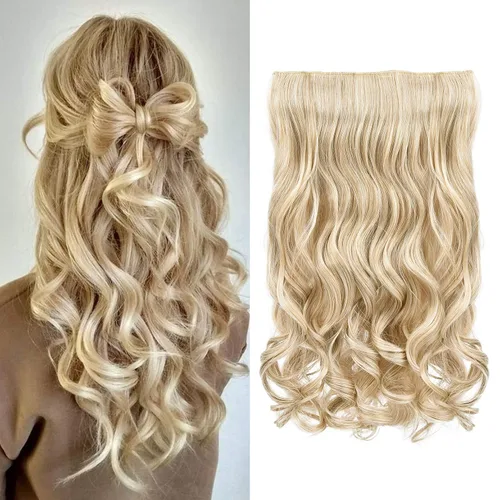 Miniatura 55 de REECHO Extensiones de cabello rubio, extensiones de una pieza con clip de 20" para mujer, extensiones de cabello sintético suave y natural con ondas