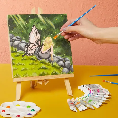 Miniatura 2 de Juego de pintura de lienzo de madera de 18 piezas de 8 x 8 pulgadas, 2 tableros de pintura de madera natural con 12 tubos de pintura acrílica, 3