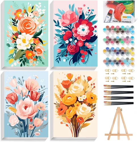 Miniatura 12 de Offito Paquete de 4 pinturas enmarcadas por números para adultos principiantes con caballete de madera, kit de pintura fácil de paisaje por números