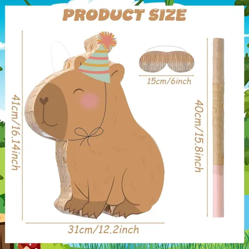 Miniatura 2 de Aoriher Capybara Piñata con palo vendados y confeti, decoraciones de fiesta de cumpleaños para fiestas temáticas de animales, juguetes