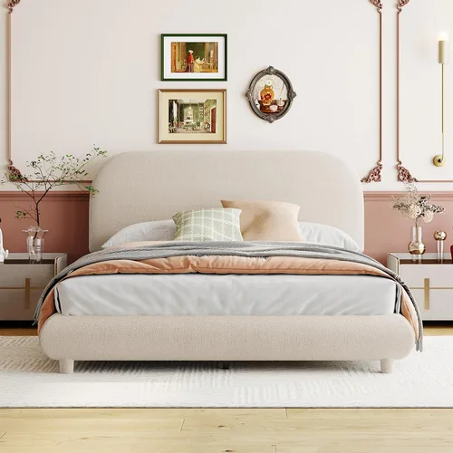 Miniatura 3 de Cama de Plataforma Tapizada con Forma Curva con Cabecera de Forma Curva, Marco de Cama de Madera Tamaño Full para Dormitorio de Niños y Adultos