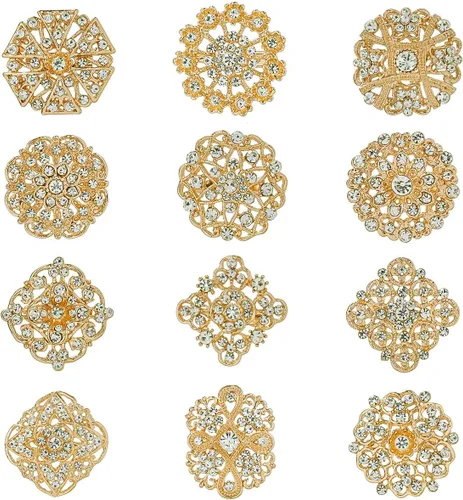 Miniatura 10 de Lote de 12 piezas de broche de flores de diamantes de imitación de cristal surtido para mujeres, kit de ramo de boda nupcial DIY Oro rosa