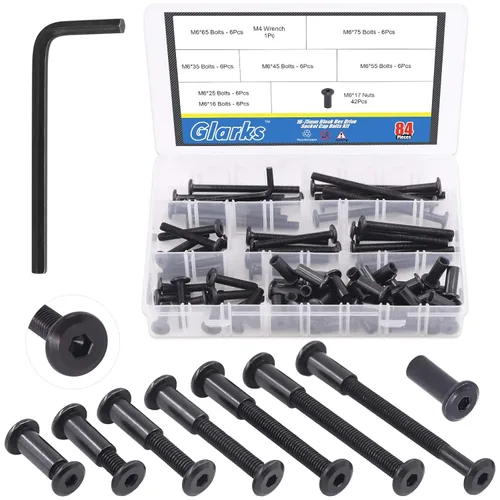 Glarks Juego de 85 tornillos hexagonales negros M6x16/25/35/45/55/65/2.953 in para cabeza Allen Countsunk muebles cuna, tornillos para sillas y