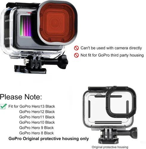 Miniatura 2 de SOONSUN Paquete de 4 filtros de buceo para GoPro Hero 11, 10, 9, 8, carcasa impermeable oficial, rojo, rojo claro, magenta, 5 filtros macro