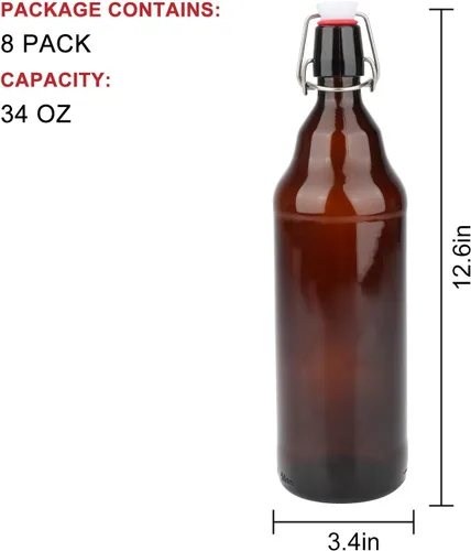 Miniatura 2 de Botellas de vidrio, botella de almacenamiento de vidrio marrón recargable con tapas abatibles, botellas de cierre de hierro ámbar con calcomanías