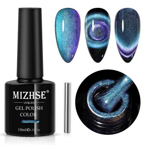 Miniatura 15 de MIZHSE Esmalte de uñas en gel 9D de ojo de gato, esmalte en gel magnético plateado con barra magnética, efecto galaxia mágico con destellos y brillo